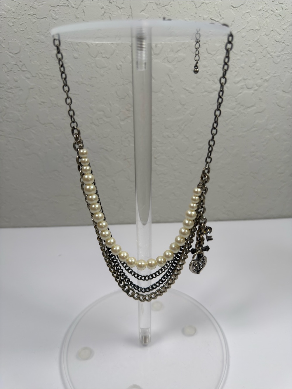 Faux Pearl Multi Strand Charm Necklace Heart Cross Key Gunmetal
